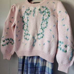 Vintage 80s Berek Pink Pastel Hand Knit Sweater Bow Floral Cottagecore Knitwear